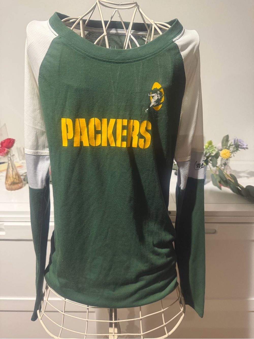 Nike Green and White Packers Long Sleeve Tee with Yellow Logo